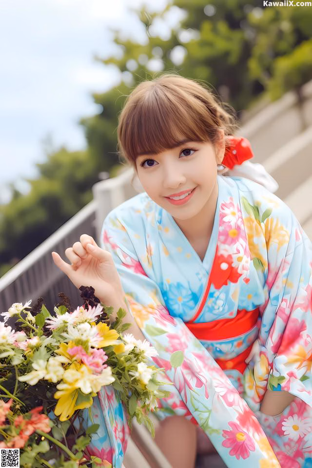A woman in a kimono holding a bunch of flowers.