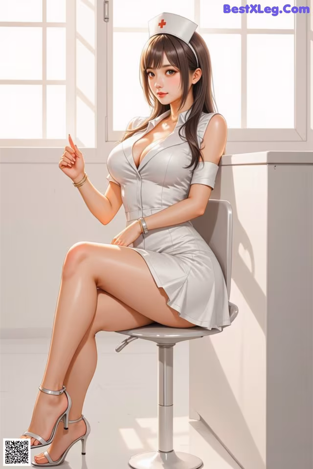 A woman in a nurse outfit sitting on a chair.