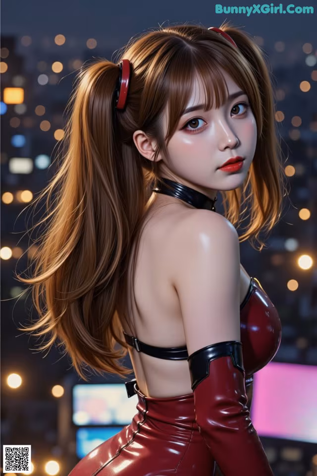 A woman in a red latex outfit standing in front of a city at night.