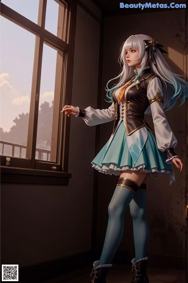 A woman standing in front of a window in a room.