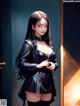 A woman in a black leather outfit standing in front of a door.