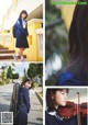 A collage of photos of a girl in a school uniform playing a violin.