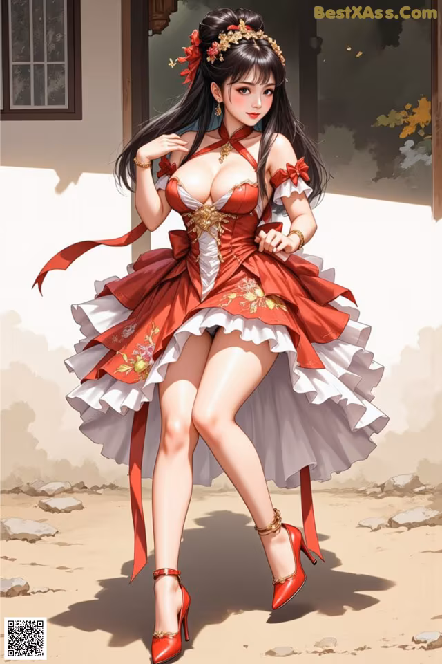 A woman in a red and white dress is posing for a picture.