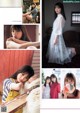 A collage of photos of a woman in a white dress.