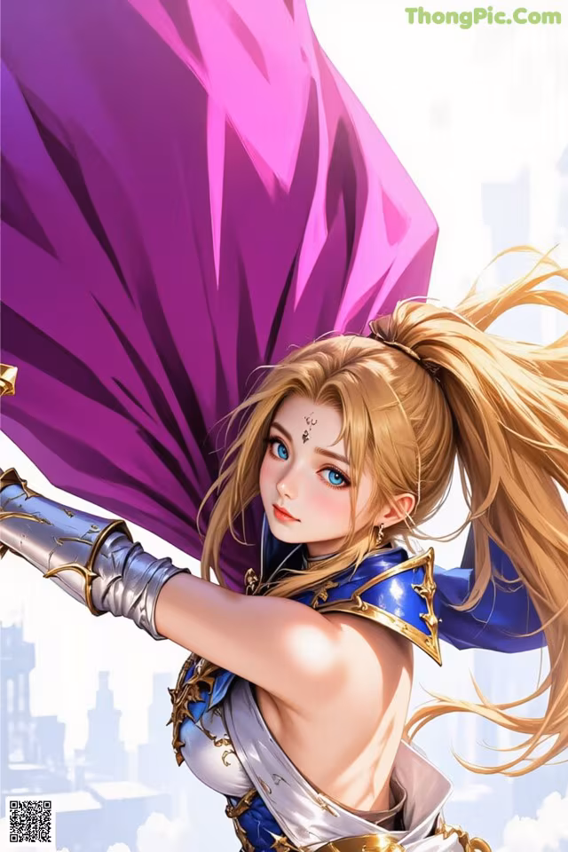 A woman holding a purple umbrella in front of a city.