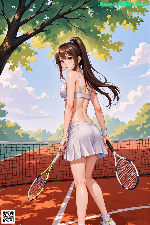 A woman standing on a tennis court holding a tennis racket.